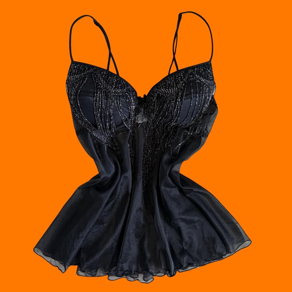 90's vintage black metallic fringe show girl Vegas glam y2k lingerie babydoll L